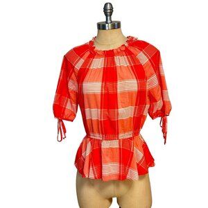 Waverly Grey Women's Orange Plaid Peplum Blouse Size Small